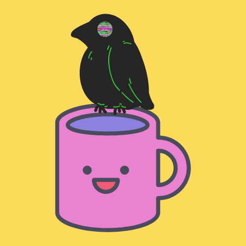 A crow is sitting on a coffee mug